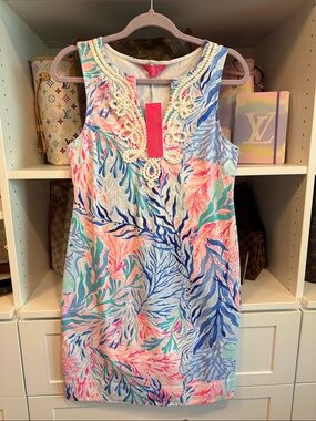 Lilly Pulitzer Harper Shift Dress Crew Blue Kaleidoscope Coral Small NWT